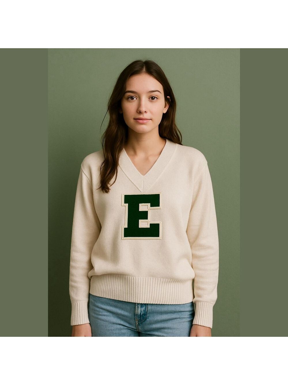 Vintage Cheer Letterman’s Sweater E College Sports Team E Green V Neck sweater